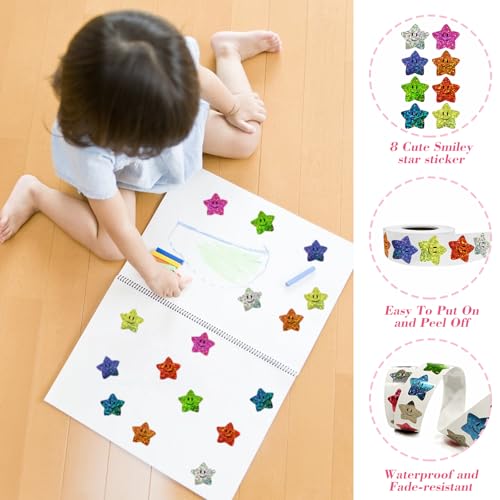 Colorful Smiley Face Star Stickers for Kids Reward, 700 Pcs, 1 Inch, 8 Colors