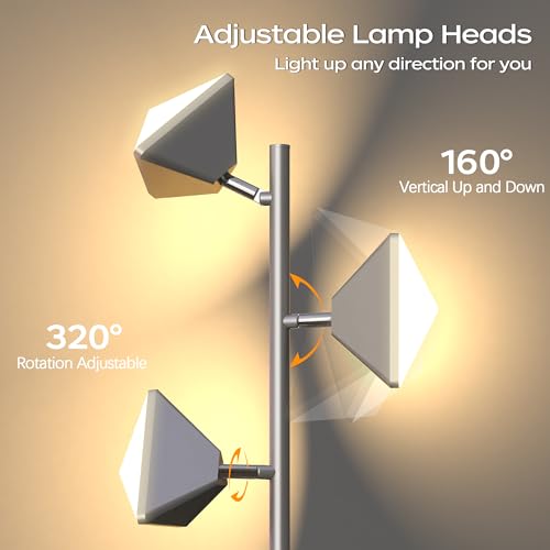 LED Tree Floor Lamp, 36W Dimmable Tall Standing Lamp with Remote & Touch Control, 2700K-6500K 4 Color Temperatures, 3 Rotatable LED Lights Floor Lamps for Living Room, Bedroom, Office - Silver
