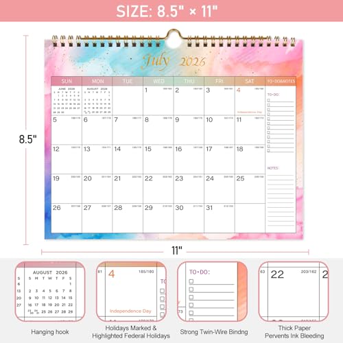 Lbylyhxc 2026 Calendar - Use Now to December 2026 -18 Monthly Wall Calendar 2026, 11 x 8.5 Inches.Thick Paper with Julian Dates and Block for New Year and Christmas Presents (Wall Calendar 2025-2026 Colorful)