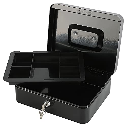xydled Black Metal Cash Box with Key Lock, Medium Secure Storage for Coins & Bills