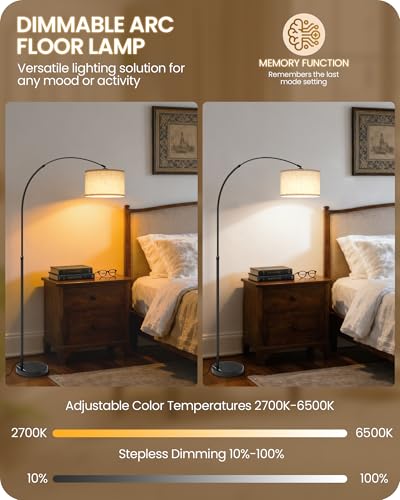 Black 75-Inch Dimmable Arc Floor Lamp with Marble Base & Remote - GOEBLESON