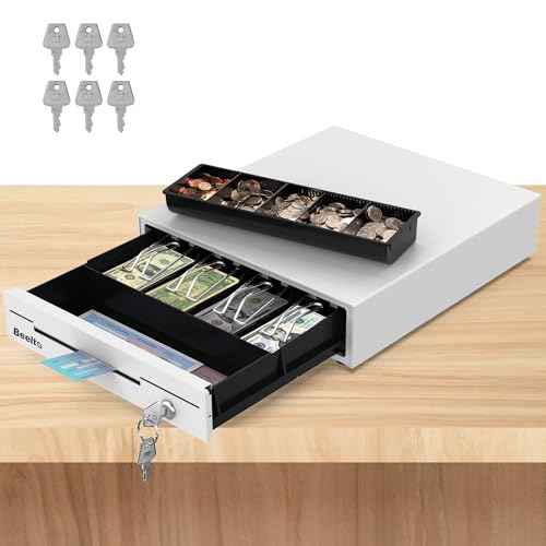 13" Cash Rigister Drawer for Small Business, 4 Bill/5 Coin with Check Slot, Steel Construction, Works with POS (Includes Keys & RJ11/12Cable) - White BK1313S