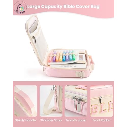 Bible Cover Case for Women, Large Chenille Letter Bible Bag with Shoulder Strap,Pink Bible Carrying Tote Bags for Bible Study Accessories, for Women Lady Teen Grils