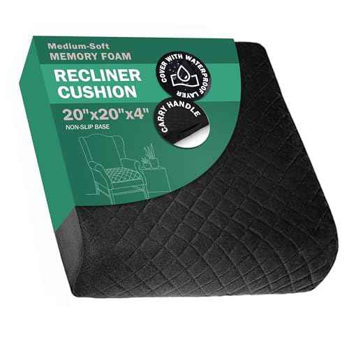 Medium-Soft 20x20x4 Memory Foam Recliner Chair Seat Cushion for Long Sitting - Armchair Pad with Washable Velvety Cover with Waterproof Layer & Non-Slip Base for Seniors & Elderly - Black