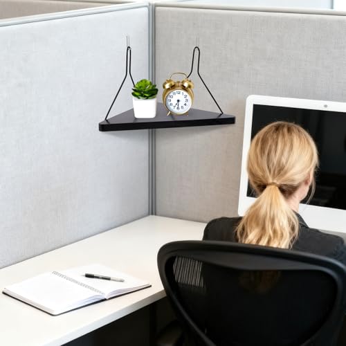 APUDWN Black Fabric Corner Shelf with Hooks 11.8 Inch Wooden Triangular Office Organizer