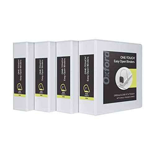 Oxford 3 Ring Binders, Binders for School and Office, 3 Inch ONE-Touch Easy Open D Rings, 3-Sided View Binder Covers, Xtralife Hinge, Non-Stick, PVC-Free, White, 650-Sheet Capacity, 4 Pack (79915)