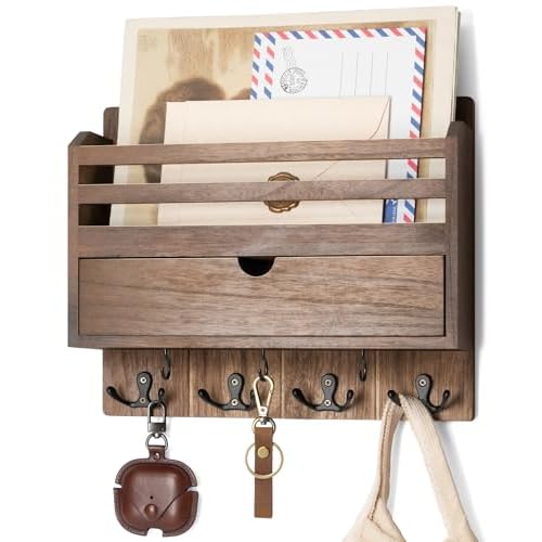 Rebee Vision Farmhouse Wood Mail Organizer Wall Mount - Key and Mail Holder for Wall with Storage Drawer and 7 Key Hooks - Rustic Home Decor for Entryway, Office and Garage (Retro Brown)