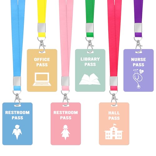 Classroom Hall Passes with Lanyards - 6 Colorful Student Passes Set