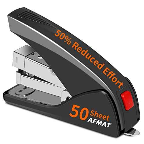 AFMAT ES10 Stapler for Desk, 50 Sheet Effortless Desktop Stapler Staple with One Finger, Portable Ergonomic Handheld Staplers Heavy Duty, Built-in Remover, Space Save Size, Good for Home & Office