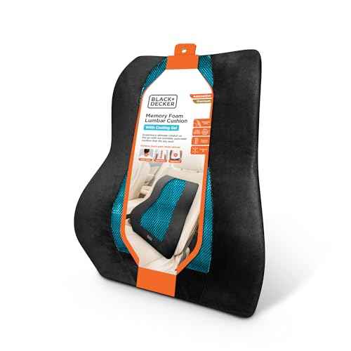 BLACK+DECKER Memory Foam Lumbar Support Pillow with Cooling Gel ? High Back Lumbar Cushion for Office, Car, Wheelchair & Airplane ? Ergonomic, Pain Relief, Adjustable Strap, Washable Cover,Black/Grey