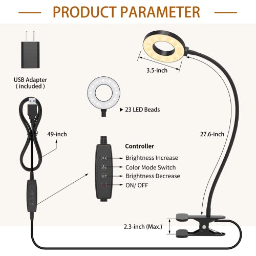 iZELL 27.6'' Black LED Desk Lamp with Clamp, 3 Color Modes & Dimmable Flexible Arm for Reading, Bed, Zoom Meetings