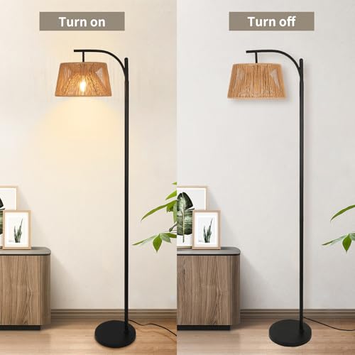Boho Floor Lamps for Living Room,Rattan Tall Floor lamp with one 2700K Light Bulb,Bohemian Standing Lamps with Foot Switch,Rustic Coastal Floor lamp for Bedroom,Dining Room,Farmhouse,Corner
