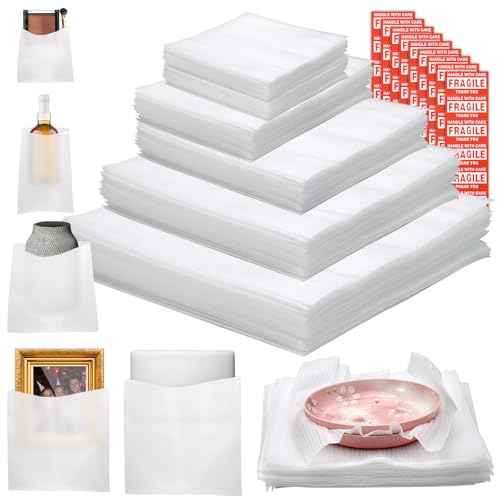 160 Pcs Packing Moving Foam Pouches & Sheets, 5 Sizes Cushion Foam Wrap Pouches with Fragile Stickers for Protect Dishes Cup Glasses Storage Supplies (7.8X7.8", 7.8X12", 12X12", 14X14", 16X16")