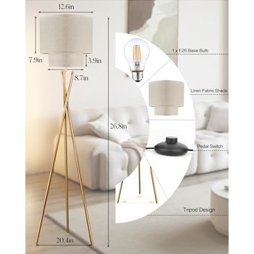 Lightdot Glod Tripod Floor Lamp, Modern Floor Lamps for Living Room, Standing Lamp with Dual Drum, E26 Bulb Included, 67.7" Tall Floor Lamp for Bedroom, Home Office