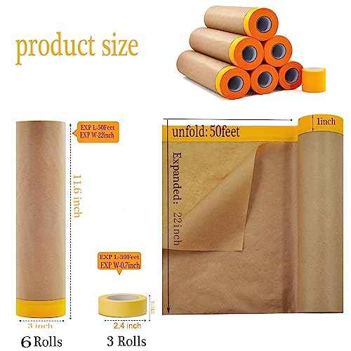 Pre-Taped Paint Masking Paper and Masking Tape Sets, 22inch-50feet Painters Paper and Painters Tape, Automotive Paint Paper, Tape and Drape Waterproof for Painting Protection Covering (6)