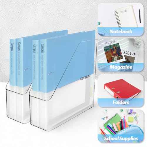4Pcs Clear Acrylic Magazine File Holder, Plastic Vertical File Folder Storage Magazine Rack Bin, Acrylic Magazine Holder, Desk Document Sorter Organizer for Home Office School Work Desktop Supplies