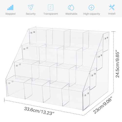 Sticker Display Stand for Vendors - 4 Tier 16 Pockets Acrylic Sticker Holder Display For 4'' Large Stickers, Sticker Organizer Shelf Ideal for Small Business Supplier Events and Trade Shows
