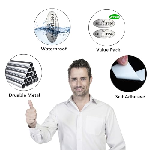 Brushed Silver & Black No Soliciting Sign - 2 Pack, Self-Adhesive Metal Door Signs, 7x3 Inches, Do Not Knock or Ring Bell, Medium