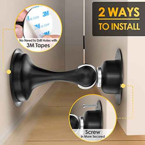 Door Stoppers Magnetic Door Catch - Stainless Steel Heavy Duty Door Holder Stops for Bottom Top of Door - Wall Floor Mounting No Drill 3D Adhesive & Screws Strong Magnet Keep Door Open 4 Pack
