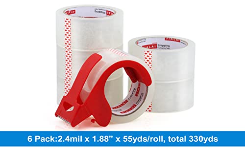 6 Rolls Heavy Duty Clear Packing Tape with Refillable Dispenser - Industrial Grade Shipping & Moving Tape, 1.88" x 55 Yards