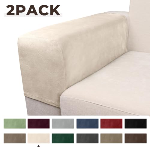 Taque Cream Velvet Stretch Armrest Covers 2Pcs - Sofa Armrest Slipcovers, Anti-Slip