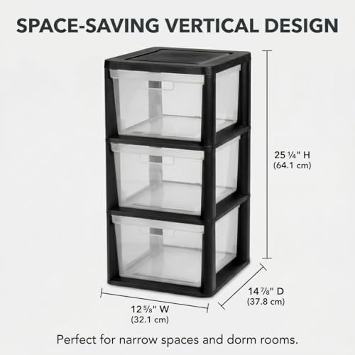 Black 3-Drawer Plastic Storage Tower Organizer with Clear Removable Bins