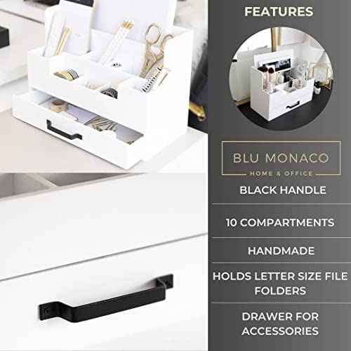 BLU MONACO White Wooden Desk Organizer with Drawer ? Office Desk Caddy for Supplies and Accessories ? Stylish Desktop Storage for Women
