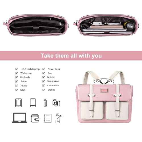 MOSISO Laptop Bag for Women, 15-15.6 inch Laptop Backpack Messenger Shoulder Bag with Front 2 Pockets for Business, Travel, Work, Office, Pink
