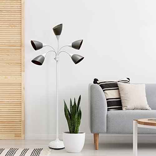 Simple Designs LF2006-GOW 67" Contemporary Multi Head Medusa 5 Light Adjustable Gooseneck White Floor Lamp with Gray Shades for Kids Bedroom Playroom Living Room Office