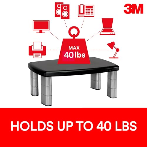 3M Extra Wide Adjustable Monitor Stand, Three Leg Segments Simply Adjust Height from 1" to 5 7/8", Sturdy Platform Holds Up to 40 lbs, 16-inch Space Between Columns for Storage, Silver/Black (MS90B)