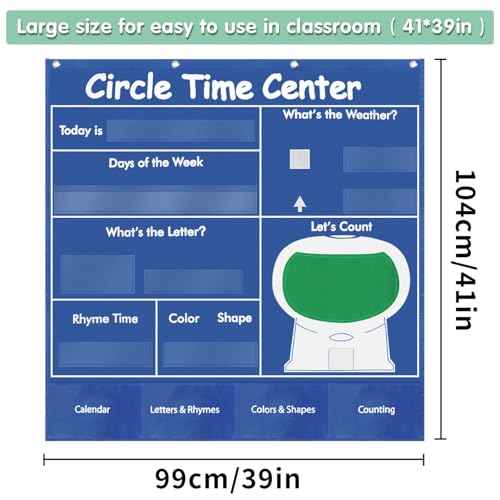 Boczif Circle Time Learning Center Pocket Chart for Classroom, Educational Teaching Materials Learning Calendar Weather Number Counting Letter Color Shape Wording Rhyme Pictures (Blue)