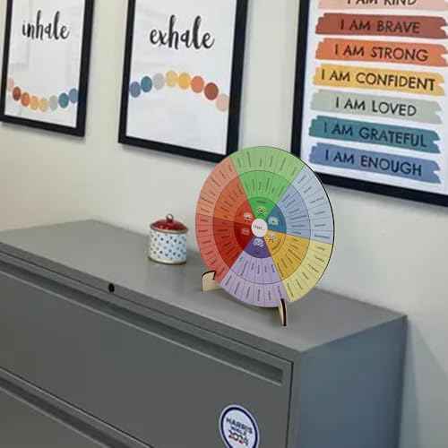 Feelings Wheel Therapy Office Desk Decor Emotions Double Sided Mental Health Office Desk Decor with 2 Page Emotions Card for School Counselor, Counseling Therapist, Therapy Office D?cor