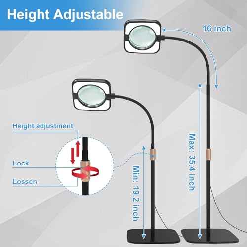 10X Large Floor Magnifying Glass with Light and Stand, 54 LED Flexible Gooseneck Floor Magnifying Lamp, Hands Free Lighted Magnifiers for Close Work, Sewing, Crafts, Hobbies, Puzzle, Painting - Black