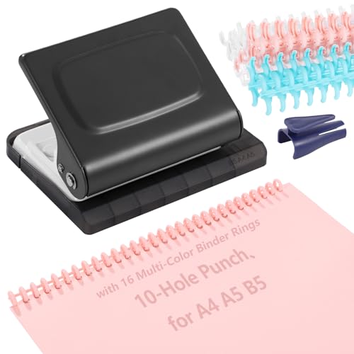 10-Hole Binding Machine Spiral Coil Binder, Spiral Binding Machine with 16 Multi-Color Binder Rings, 30 Holes on A4, 20 Holes on A5, 26 Holes on B5, 10 Sheets Capacity