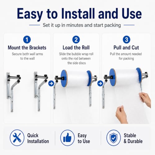 Wall Mount Bubble Wrap Dispenser for 15.75-inch Rolls - Heavy-Duty Steel & Adjustable Side Baffles