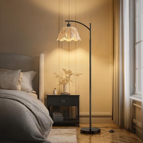 Oneach Boho Rattan Floor Lamp for Living Room, Farmhouse Standing Lamp with Hand-Woven Shade, Black Metal Base & Pole, Foot Switch - Corner Reading Lamp for Bedroom