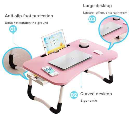 Lap Desk with Storage Drawer, Holders for Cup and Tablet, Tray Table with Foldable Legs, Laptop Bed Stand, Portable Standing Table for Sofa Couch Floor (23.6", Pink)