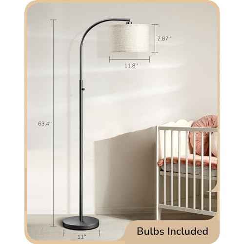EDISHINE Black Arc Floor Lamp Dimmable, Standing Lights with Rotary Switch & Adjustable Line Lampshade, Tall Standing Lamp for Bedroom, Office, Reading Corner, A19 LED Bulb Included