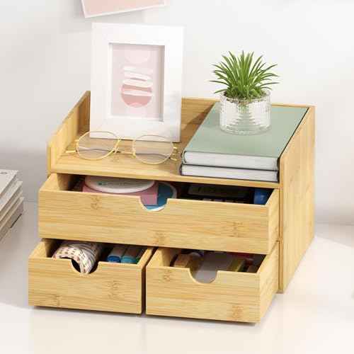 Wisuce Desk Organizer with Drawers - Bamboo Desktop Organizer Storage-Natural Wood Desk Drawers Organizer for Bills, Office Supplies, Cosmetics, Seals No Assembly Required (3 Drawers£¨top-bottom))