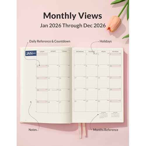 SUNEE 2026 Daily Planner A5 Hardcover ? Hourly Schedule Organizer with Monthly Tabs & Task Tracker ? Beige Cover Time Management Notebook for Work, School, Personal Goals