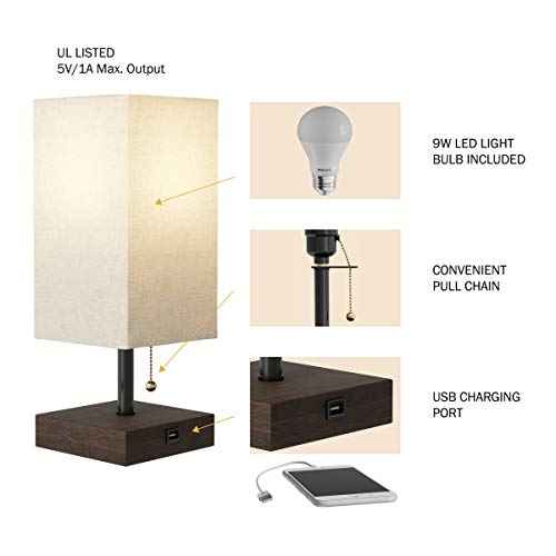 Lavish Home LED Desk Lamp with USB Charging Port - Small Bedside Table Light for Reading - Bedroom, Living or Dining Room, Dorm Decor (Linen/Brown)