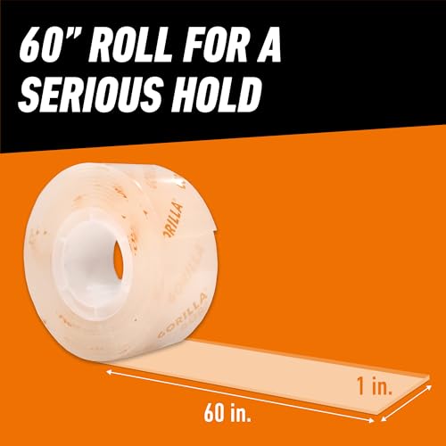 Gorilla Invisible Hold Mounting Tape 1" x 60" Clear, Holds Up to 15 lbs, Indoor & Outdoor Use