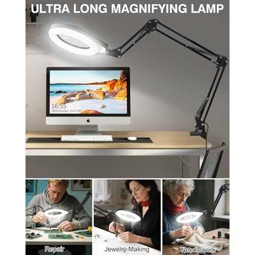 10X & 5X Magnifying Glass with Light, Ultra Long Swing Arm, 5 Colors & 10 Brightness, Real Glass Lens Large Magnifying Lamp for Craft Painting Workbench Jewelry Making Hobby Close Work (White)
