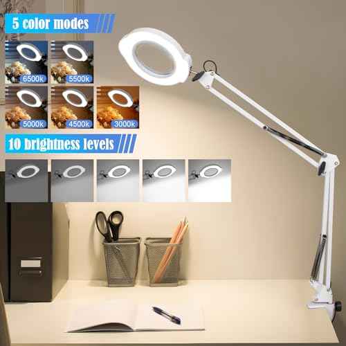 2-in-1 Desk Lamp & Clamp Light, 10X Magnifying Glass with Light and Stand, 5 Color Modes 10 Brightness Dimmable LED Desk Lamp,14.5inch Adjustable Swing Arm for Reading Crafts Painting Close (White)