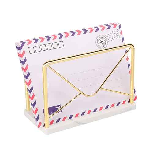 Modern Mail Holder for Home Office, Metal Letter Organizer Sorter for Desk, Cutout Mail Envelope Design, Bill Filling Paper Document Rack, Envelope Storage Rack with Marble Base