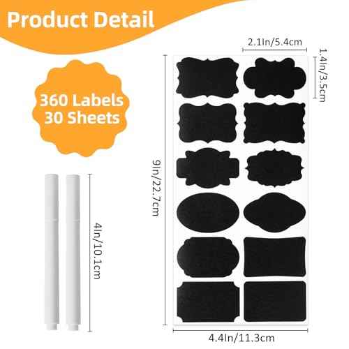 360Pcs Chalkboard Labels ? 2.1x1.4 Inch Reusable Blackboard Stickers with 2 White Erasable Chalk Markers, 12 Assorted Shapes, for Mason Jars, Food Containers, and Pantry Storage