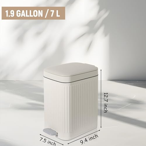 Rejomiik 1.9 Gallon Small Bathroom Trash Can with Lid, Soft Close Step, Cream