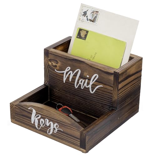 MyGift Rustic Burnt Solid Wood Mail Holder and Key Organizer, Entryway Storage Tray or Office Desktop Organizing Bin with White Cursive Lettering Labels