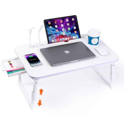 Laptop Desk for Bed, Height Adjustable Laptop Bed Table, Foldable Portable Lap Desk Stand with USB/Storage Drawer/Cup Holder/Slot, Breakfast Tray for Working Reading Writing Eating, White
