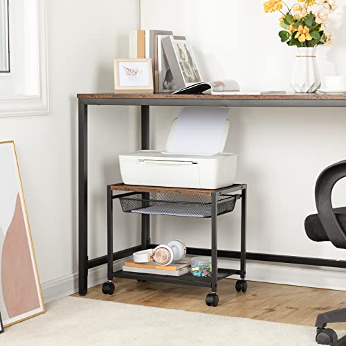 HOOBRO Under Desk Printer Stand, Industrial Printer Cart with Storage Shelf, 2-Tier Mobile Printer Table on Wheels, Heavy Duty Machine Storage Rack for Office and Home Rustic Brown + Black BF12PS01